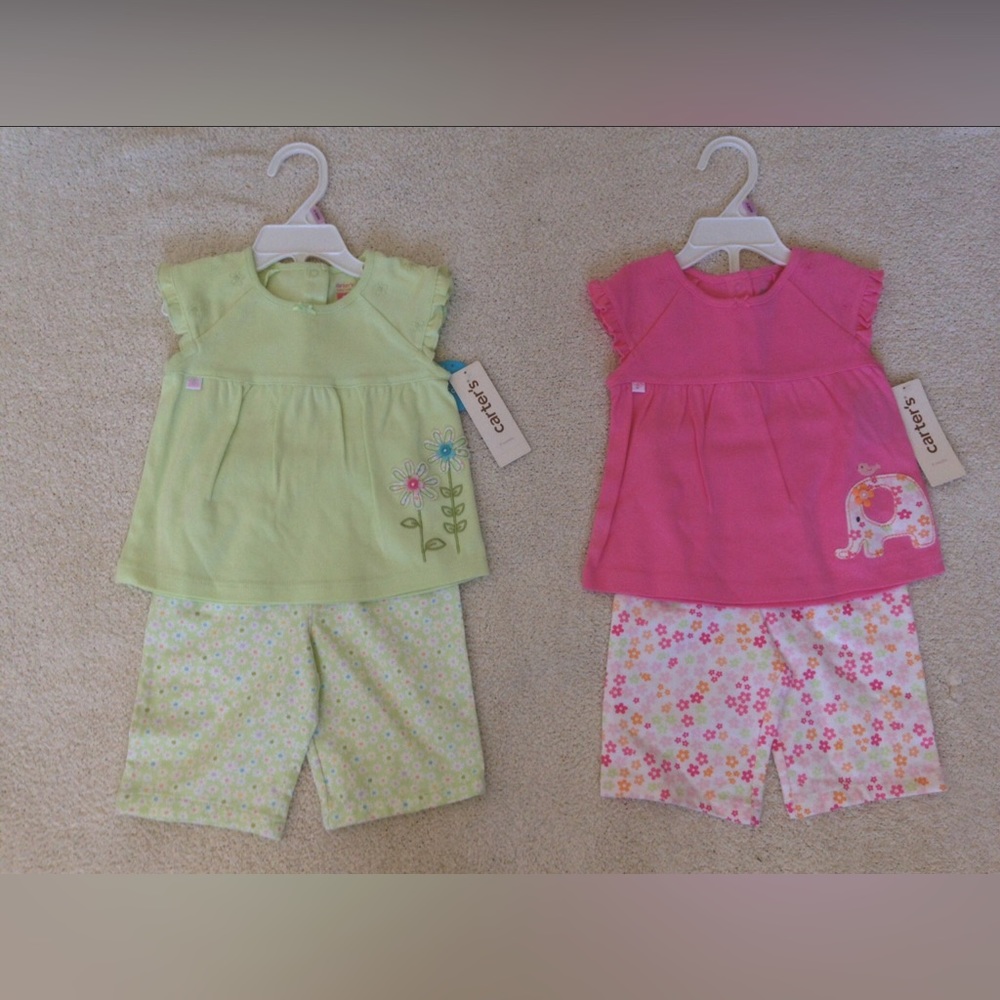 Carter’s Baby Girl Lot of 2 Green and Pink Floral Matching Capri Sets Sz 9M NWT